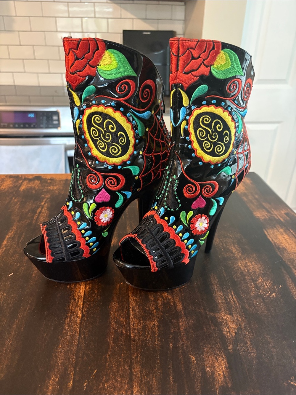 RARE! Ellie Patent Peep-Toe Platform Booties with Multicolor Floral Embroided